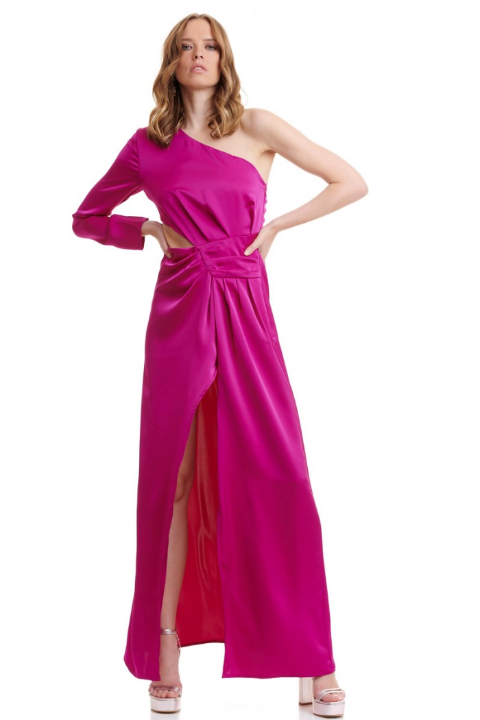 ONE SLEEVE CUT OUT SATIN LONG DRESS