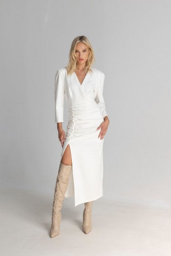 MIDI RUCHED DRESS WITH LEG OPENING