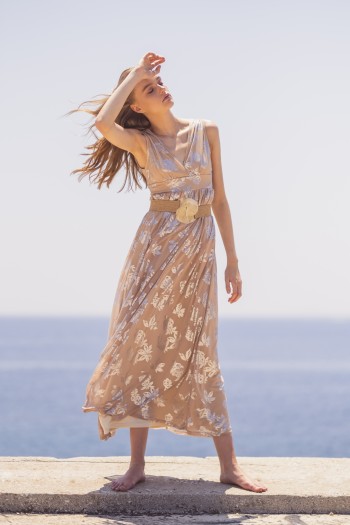 NUDE MAXI DRESS WITH SILVER PRINT