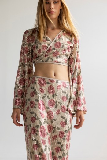 SEQUIN CROP WRAP TOP WITH ROSES