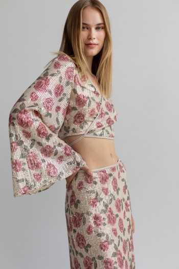 SEQUIN CROP WRAP TOP WITH ROSES